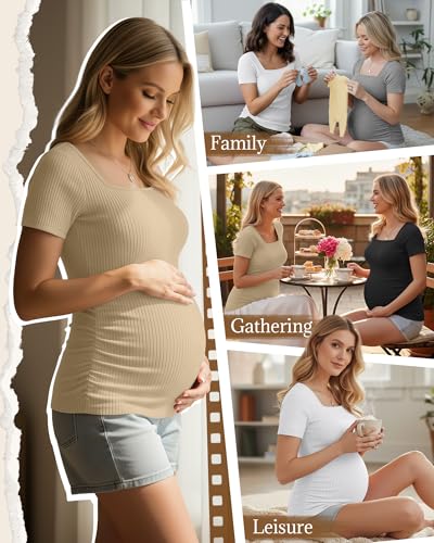 Huukeay 4 Pack Women's Short Sleeve Maternity Shirts - color: Black, Heather Gray, White, Light Khaki, size: Medium