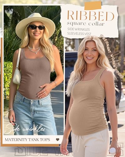 3 Pack Maternity Tank Tops Pregnancy Shirts - color: Apricot, Khaki, Coffee, size: Large
