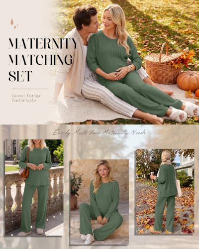 Huukeay Women's Maternity 2 Piece Waffle Outfits Lounge Set - color: Gray Green, size: X-Large