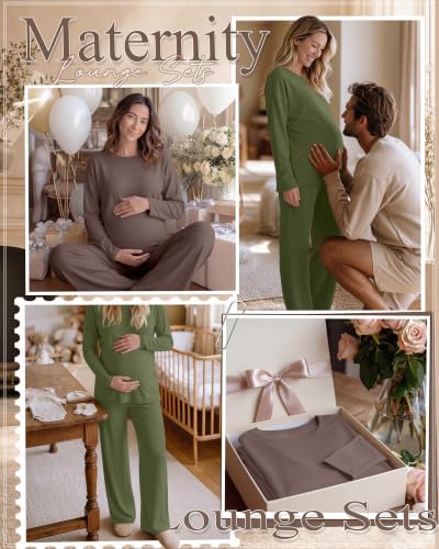 Huukeay 2 Pack Maternity Long Sleeve Pajamas Sets - color: Army Green, Coffee, size: Medium
