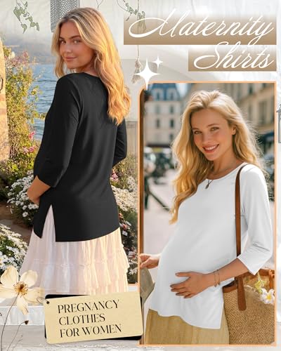 3 Pack Women's 3/4 Sleeve Maternity Loose Crewneck Tops - color: White, Khaki, Black, size: Large