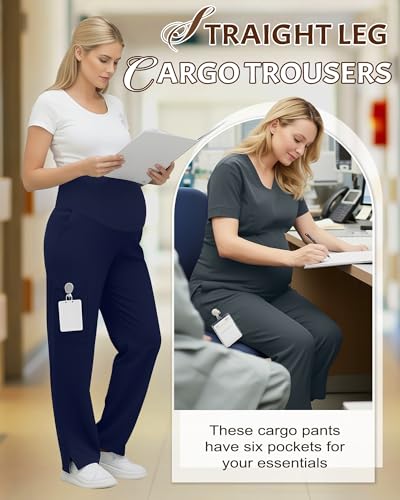 2 Pack Women's Maternity Scrub Pants with 6 Pockets - color: Dark Grey, Navy Blue, size: Large
