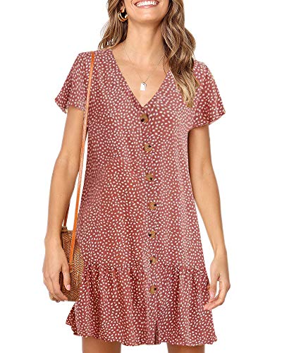 Imysty Womens Summer Polka Dot V Neck Button Down Loose Mini Dress - color: Red Bean, size: Large
