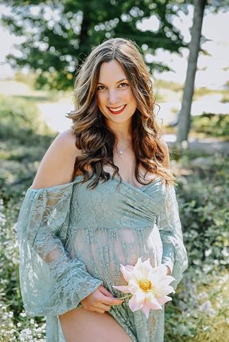 Saslax Sheer Lace Off Shoulder Maternity Maxi Dress for Photoshoot - color: Sage, size: Medium
