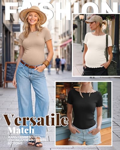4 Pack Women's Maternity Ribbed Shirts - color: Black, Brown, Cream, Khaki, size: XX-Large