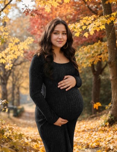 LAHILO Long Sleeve Knit Ribbed Maternity Sweater Dress for Fall Winter - color: Black, size: Small