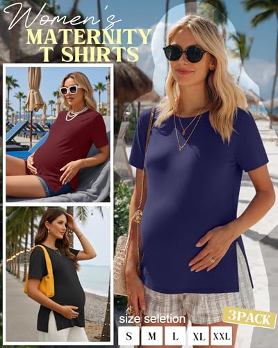 Ficerd 3 Pack Women's Maternity T Shirts - color: Wine Red, Navy Blue, Black, size: X-Large