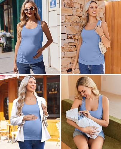 Ekouaer 4 Pack Maternity Tank Tops Ribbed Pregnancy Clothes Summer Outfit - color: Black/Light Blue/Dark Grey/White, size: Medium