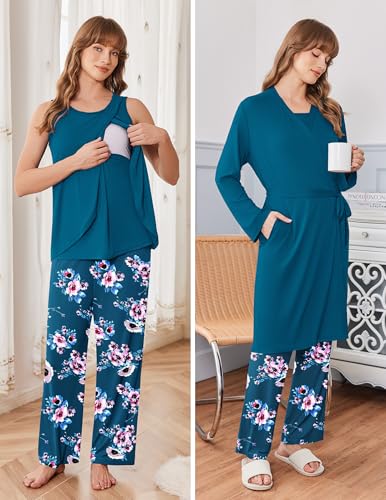 Ekouaer Maternity Pajamas Nursing Robe Set 3 Pieces Post Partum Lounge Sets - color: Lake Blue, size: Small