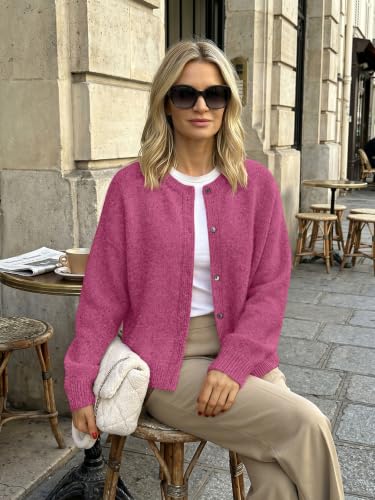LILLUSORY Womens Crew Neck Button Down Cardigan Sweater - color: Hot Pink, size: Large