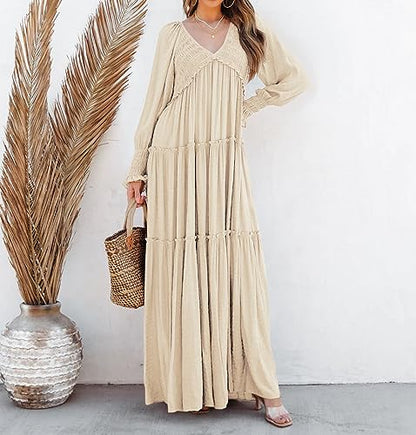 R.Vivimos Long Sleeve V Neck Flowy Maxi Dresses for Women - color: Beige, size: X-Large