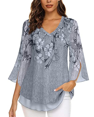 Timeson Women's 3/4 Sleeve Floral Blouses Shirts - color: Black Gray, size: Medium
