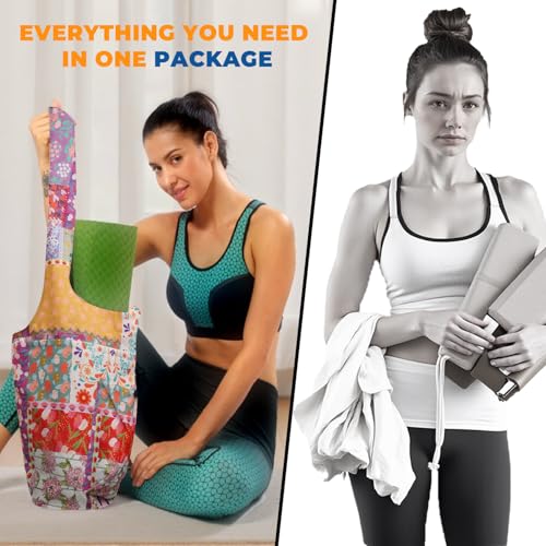 Yoga Mat Bag Carrier for Women Workout Large Waterproof with Zipper Pocket, Keychain and Wide Shoulder Straps - color: boho patchwork