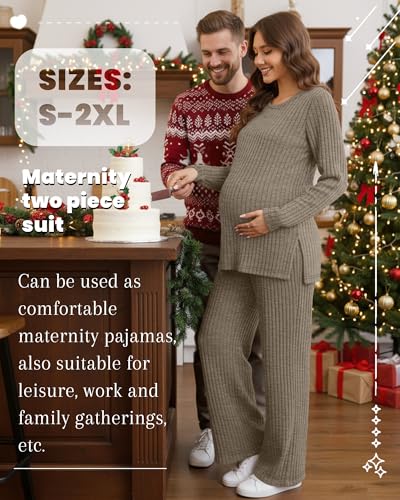 Women's 2 Piece Maternity Ribbed Pajama Outfit - color: Coffee, size: Large