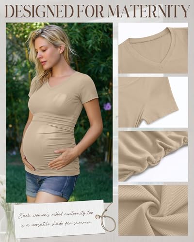 Neer 4 Pack Women's Maternity Shirts Short Sleeve - color: Black, Light Heather Gray, White, Khaki, size: Small