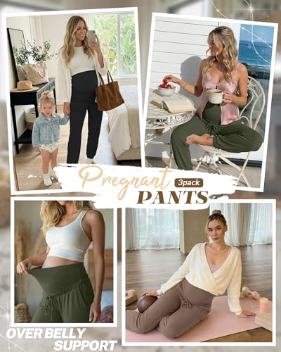 3 Pack Womens Maternity Pants Pregnancy Lounge Jogger - color: Coffee, Army Green, Black, size: Large