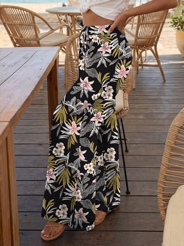 LILLUSORY Womens Wide Leg Palazzo Pants with Pockets High Waist Flowy - color: Black Print, size: Large