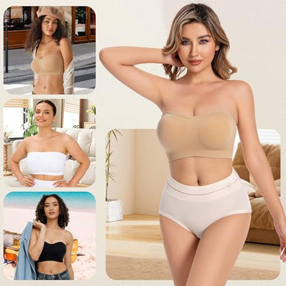 Strapless Bras, No-Removable Pads Bandeau Tops for Women - color: Black+beige+white-next-gen Non-removable Padding, size: Large