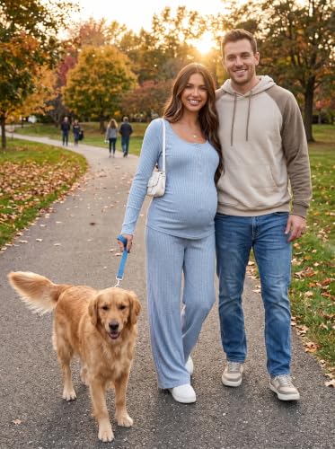 BLENCOT Maternity Clothes Ribbed Long Sleeve Sets Button 2 Piece Outfits - color: Light Blue, size: X-Large