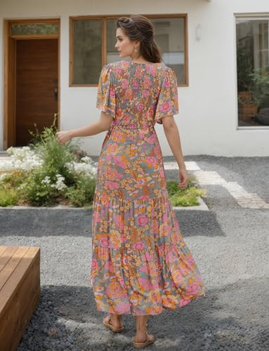 CzzzyL Womens Nursing Dress Summer Floral Print Smocked Maxi with Pockets - color: Greyblue, size: Small