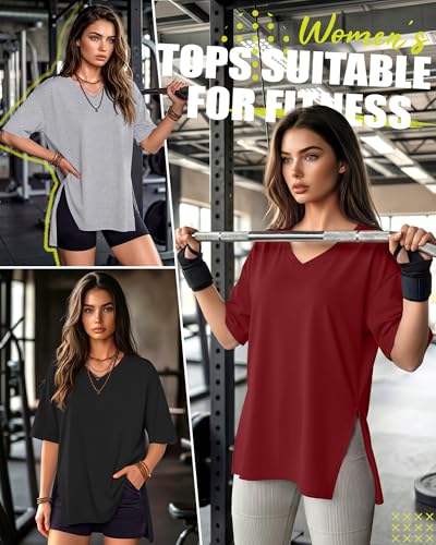 4 Pack Women's Oversized V Neck Shirts - color: Black, Gray, Wine Red, Dark Teal, size: Small