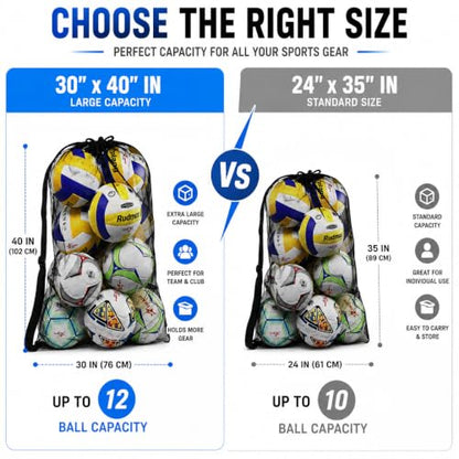 Heavy Duty Mesh Ball Bag, Drawstring Sport Equipment Storage Bag - color: Black-L