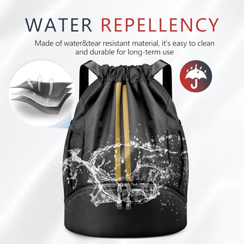 PinCute Gym Bag Drawstring Backpack for Sports, Swim, Workout, Black Gold - color: Black Gold