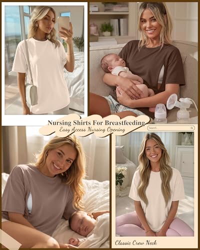 Riyiper 3 Pack Women's Nursing Short Sleeve Shirts - color: Beige, Camel, Coffee, size: Small