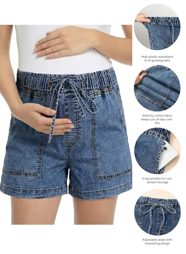 BLENCOT Maternity Jeans Shorts High Rise Stretchy Drawstring Postpartum - color: Dirty Blue, size: Small