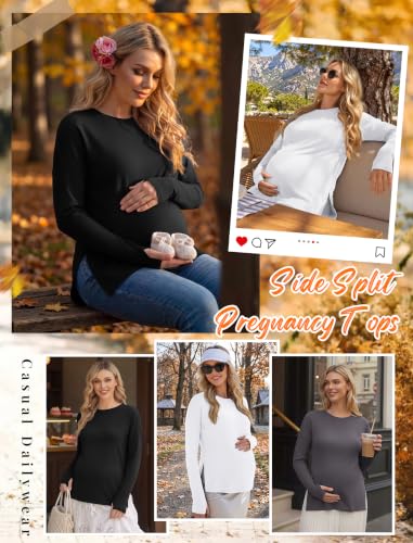 3 Pack Women Maternity Shirts Long Sleeve Pregnancy Tops with Thumb Hole - color: Black/White/Deep Grey, size: X-Large