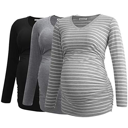 Smallshow Women's V-Neck Maternity Shirt Clothes Long Sleeve Ruched Pregnancy Top - color: Black-light Grey-light Grey Stripe(3 Pack), size: XX-Large
