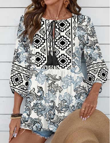Rapbin Women Summer Boho Tops 3/4 Sleeve Pleated Blouses Casual V Neck Tie Front Spring Tunic Tops - color: Black Flower, size: Large