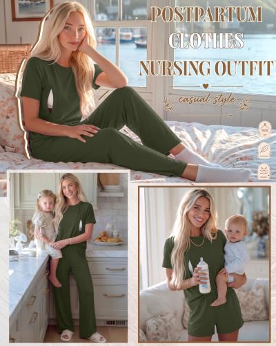 3 Piece Postpartum Nursing Pajamas Set Nursing Lounge Set - color: Army Green, size: Medium