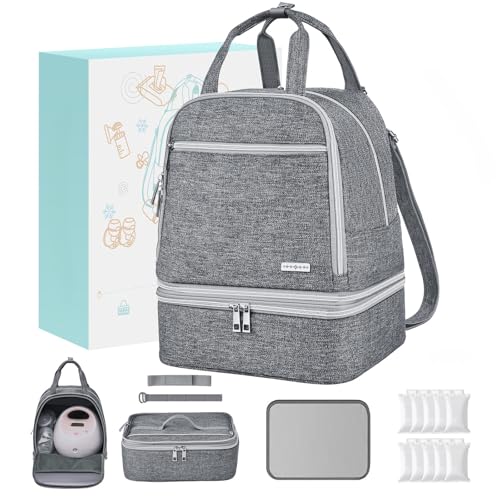 Breast Pump Bag with Insulated Cooler, Double-Layer Pumping Bag for Work & Travel, Fits Most Electric Breast Pumps, Includes 10 Ice Packs & Waterproof Mat, Detachable Bottle Cooler Tote, Grey - color: Grey