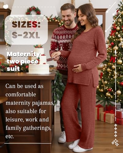 Women's 2 Piece Maternity Ribbed Pajama Outfit - color: Caramel, size: Small