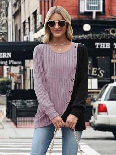 MixShe Womens Knit Sweaters 2026 Fall Winter Casual Long Sleeve Ribbed Colorblock Button Pullover Tops - color: Grey Pink, size: Small