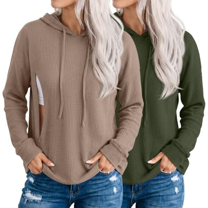 Ficerd 2 Pack Women's Nursing Waffle Hoodies Breastfeeding Tops - color: Coffee, Army Green, size: Medium