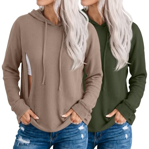 Ficerd 2 Pack Women's Nursing Waffle Hoodies Breastfeeding Tops - color: Coffee, Army Green, size: Medium