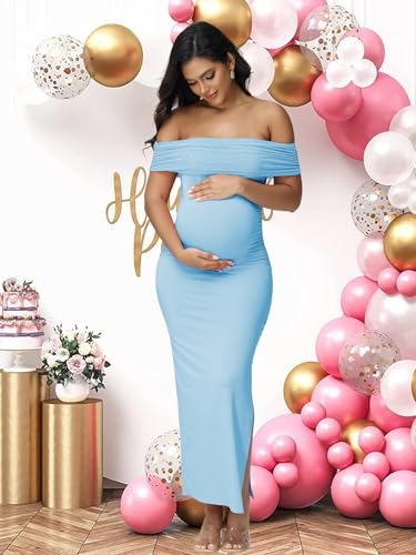Women's Maternity Mesh Off Shoulder Party Long Dress Baby Shower - color: Blue, size: X-Large