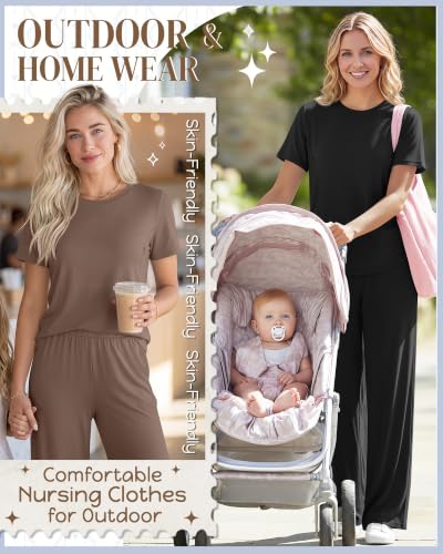 Ficerd 2 Pack Maternity Nursing Pajama Breastfeeding Sets Pjs - color: Coffee, Black, size: Medium