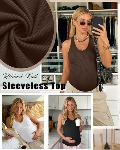 3 Pack Maternity Tank Tops Ribbed V Neck - color: Coffee, Black, White, size: Large