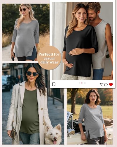 3 Pack Women's 3/4 Sleeve Maternity Loose Crewneck Tops - color: Army Green, Light Mixed Gray, Black, size: X-Large