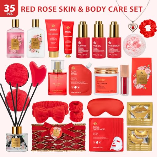 35 Pcs Gift for Women, Red Rose Bath & Body Basket Gift, Spa Gift Basket