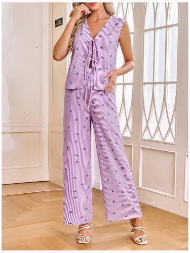 MakeMeChic Women's Maternity Summer 2 Piece Outfits Pregnancy Boho Vacation Striped Bow Top and Pants Set - color: Purple, size: XX-Large