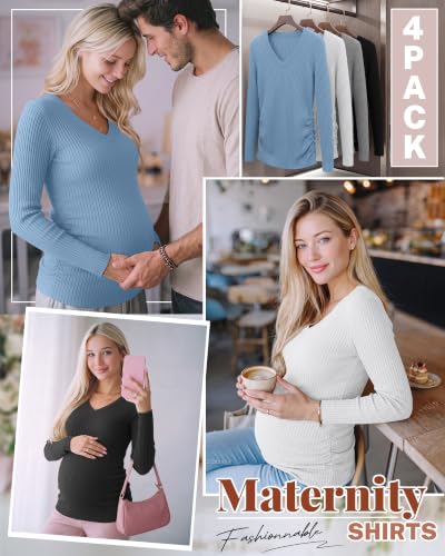 4 Pack Women's Maternity Shirts - color: Light Blue, White, Light Gray, Black, size: XX-Large