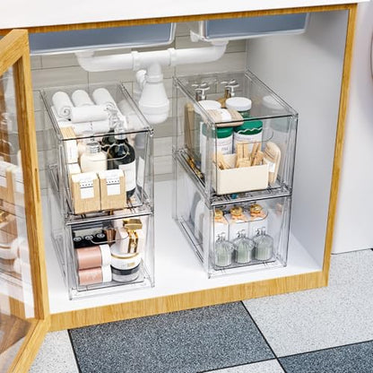 SUOXING 4 Pack Clear Stackable Storage Drawers,7.3″ High Large Baby Bottle Organizer,Bathroom Closet Organizers and Storage,Acrylic Storage Containers and Home Edit Organizer Bins for Cabinets,Pantry