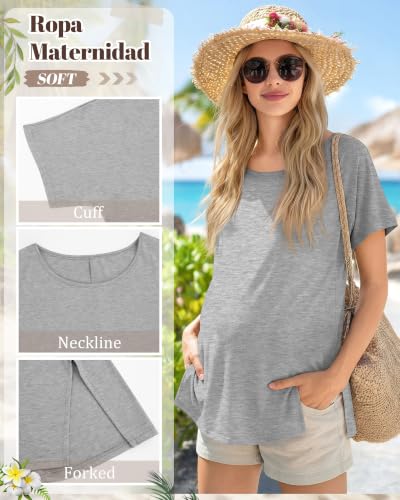 4 Pack Women Maternity T-Shirts Pregnancy Tops - color: Brown, White, Light Gray, Black, size: Medium
