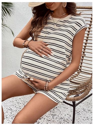 MakeMeChic Women Maternity Striped 2 Piece Short Sets - color: Black and Apricot, size: Small