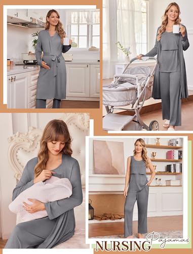 Maternity Sets Labor and Delivery Gown Postpartum Essentials Nursing Pajama - color: Grey, size: Small
