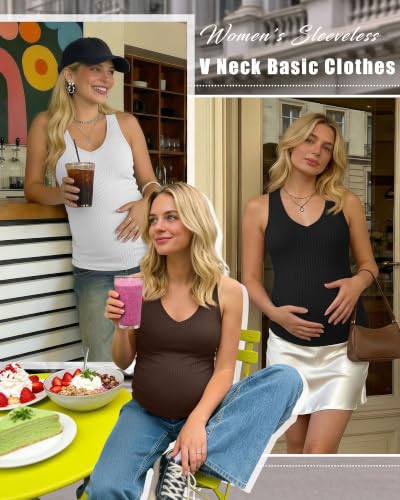 3 Pack Maternity Tank Tops Ribbed V Neck - color: Coffee, Black, White, size: Large